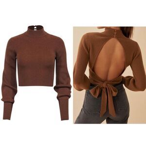 Reformation Brown Ribbed Cashmere "Osteria" Open Back Crop Sweater Sz XS